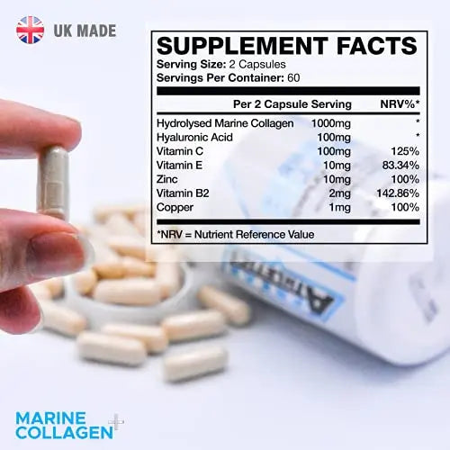 Marine Collagen 1000mg - Type 1 Hydrolysed Collagen - Enhanced with Hyaluronic Acid, Vitamin C - AB Mystery