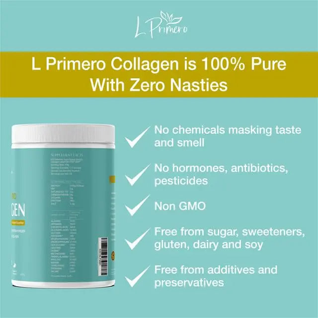 L Primero Collagen Peptides Powder 400g, Hydrolysed Unflavoured, Grass-Fed Bovine Bioactive Protein, Highly absorbable 18 Amino Acids, Keto - AB Mystery