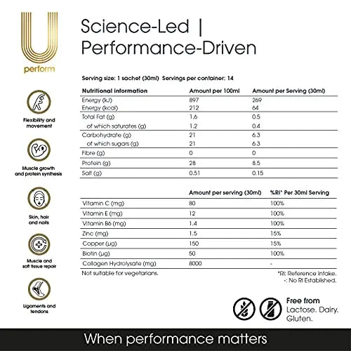 U Perform - Sports Muscle Recovery Supplement - High Protein Liquid Collagen Drink - Great for Joints Repair - Citrus Tasting and Natural Ingredients Based (8000mg) (14 sachets) - AB Mystery