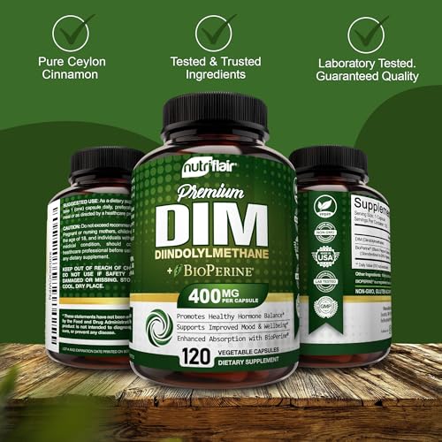 NutriFlair DIM Supplement 400mg with Bioperine, 120 Capsules - Diindolylmethane - AB Mystery