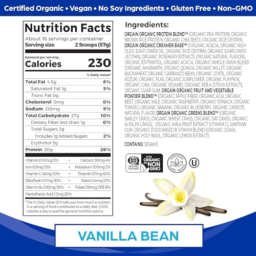Orgain Organic Vegan Meal Replacement Protein Powder, Vanilla Bean - 20g Plant Based - AB Mystery