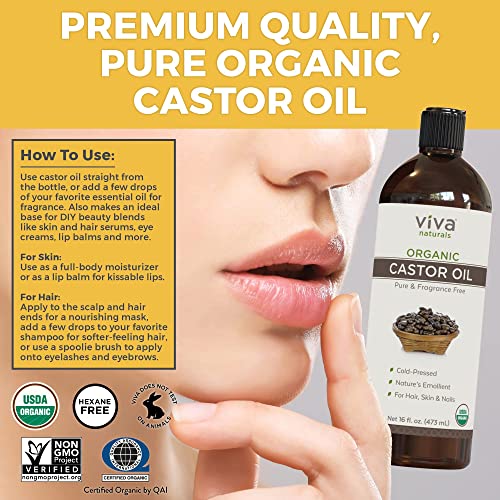 Viva Naturals Organic Castor Oil, 16 fl oz - Cold Pressed Castor Oil for Skin, Hair and Lashes - Traditionally - AB Mystery