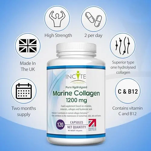 Marine Collagen 1200mg | 120 High Strength Collagen Capsules Hyaluronic Acid Supplements for Women & Men Incite Nutrition