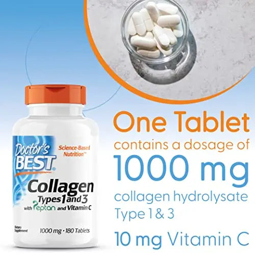 Doctor's Best, Collagen Types 1 and 3, Peptane & Vitamin C, 1,000mg, 180 Tablets - AB Mystery