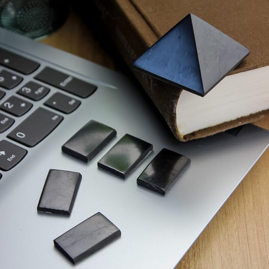 KARELIANMASTERS Shungite Stones Pyramid and Sticker for Phone Set - Crystal Healing Protection - AB Mystery