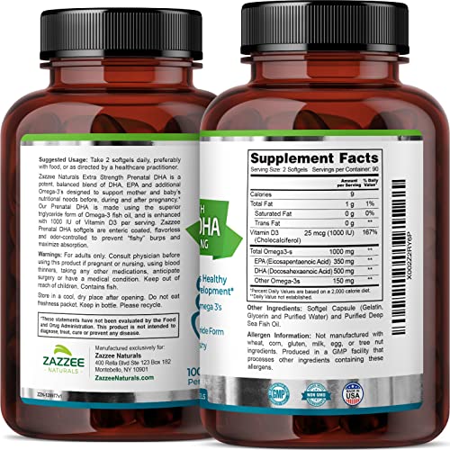 Zazzee Extra Strength Prenatal DHA 500 mg, 180 Enteric Coated Softgels, 1000 mg Omega 3’s Zazzee