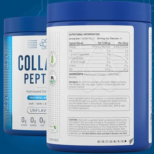 Applied Nutrition Collagen Peptides Powder - Hydrolysed Bovine Collagen Protein, Halal, Healthy Skin, Hair, Nails (Unflavoured) (300g - 15 Servings) - AB Mystery