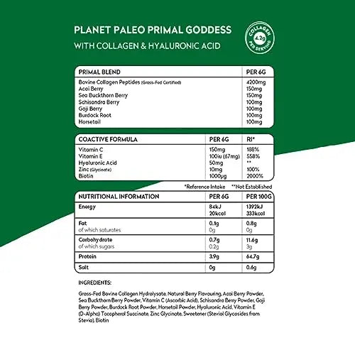 Planet Paleo Primal Goddess -Pure Collagen with Hyaluronic Acid and Zinc (210g, 35 Servings) - AB Mystery