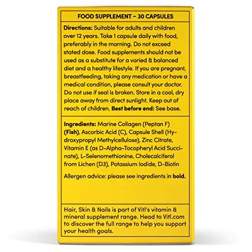 VITL Hair, Skin & Nails + Collagen, A dose of Classic Complexion Heroes Such as Collagen, Vitamin E, Biotin and Zinc | 30 Capsules - AB Mystery