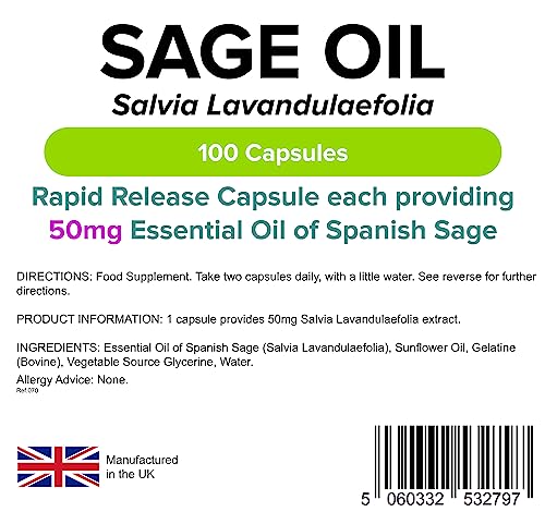 Essential Oil of Sage 100 Caps, Hot Flushes, Menopause - AB Mystery