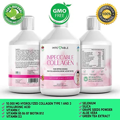 IMPECCABLE Collagen 10.000mg hydrolyzed Sugar Free Liquid Marine Collagen | Supplements for Women and Men - AB Mystery