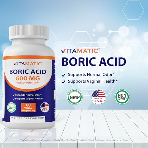 Vitamatic Boric Acid Vaginal Suppositories 600 mg USP Grade Boric Acid in Vegetarian Capsule Shell - 60 Count - AB Mystery