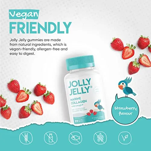 Marine Collagen Gummies by Jolly Jelly® - Wild-Caught Marine Collagen Tapioca Gummies - Type 1 Hydrolysed Collagen - Strawberry Flavour - 60 Gummies. - AB Mystery