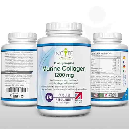Marine Collagen 1200mg | 120 High Strength Collagen Capsules Hyaluronic Acid Supplements for Women & Men Incite Nutrition
