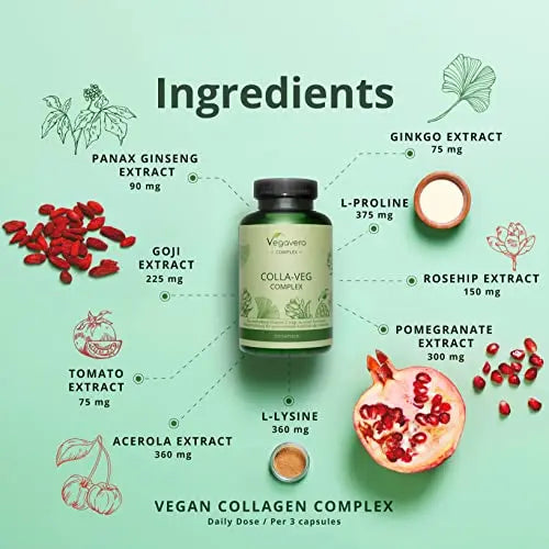 Vegavero Vegan Collagen Supplement | 2000mg | Complex with L-Lysine, L-Proline, Vitamin C (Acerola) & Superfoods Extracts - AB Mystery