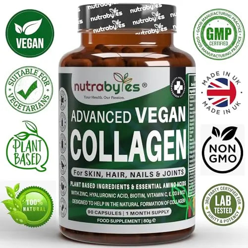 Vegan Collagen Supplement For Skin, Hair, Nails, Joints & Bones with Hyaluronic Acid, Biotin, Lysine, Bamboo Silica, Zinc, Vitamin C, D3, B12, E - AB Mystery