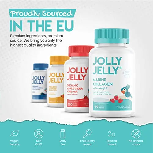 Marine Collagen Gummies by Jolly Jelly® - Wild-Caught Marine Collagen Tapioca Gummies - Type 1 Hydrolysed Collagen - Strawberry Flavour - 60 Gummies. - AB Mystery