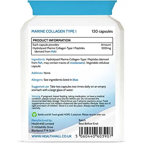Health4All Marine Collagen Peptides Type I 120 Capsules (V) 2000mg Daily Dose Super Absorbable - AB Mystery
