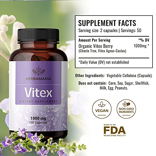 HERBAMAMA Vitex Supplement for Women - Organic Vitex Chasteberry Pills - Vegan Supplements - AB Mystery