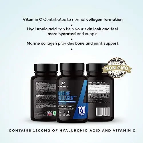 Marine Collagen Supplement 1200mg with Hyaluronic Acid & Vitamin C Hydrolysed Peptides Powder MAX VITA MAXIMUM VITALITY
