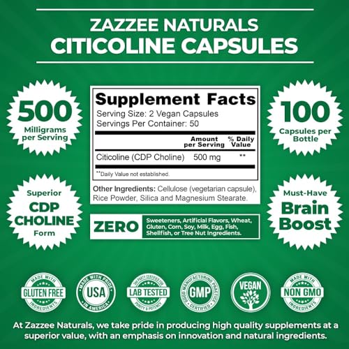 Zazzee Extra Strength Citicoline CDP Choline, 500 mg per Serving, 100 Vegan Capsules - AB Mystery