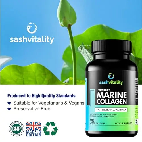 Marine Collagen Supplements - 90 Capsules with Vitamin C, Vitamin E, Hyaluronic Acid, Aloe Vera, Turmeric - AB Mystery