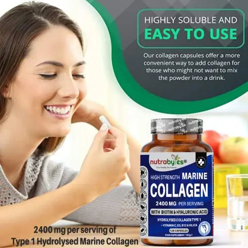 High Strength Marine Collagen 2400mg with Hyaluronic Acid 100mg, Biotin, Vitamin C, D3, B12 and Silica NUTRABYTES