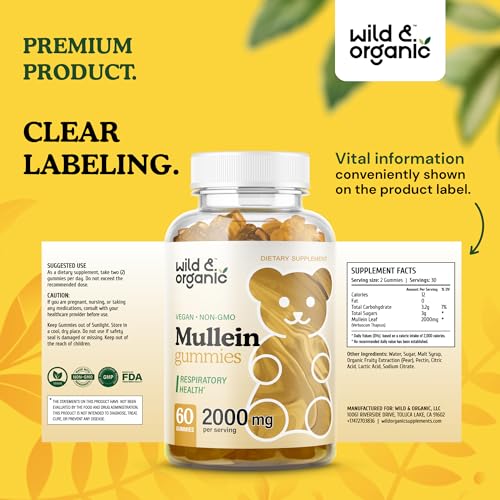 Wild & Organic Mullein Gummies - Daily Dietary Supplement for Respiratory, Digestive - AB Mystery