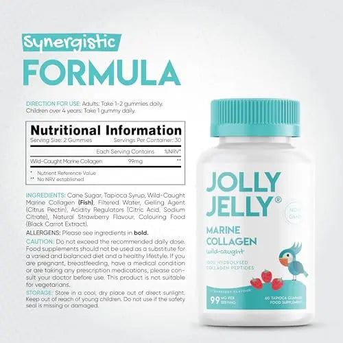 Marine Collagen Gummies by Jolly Jelly® - Wild-Caught Marine Collagen Tapioca Gummies - Type 1 Hydrolysed Collagen - Strawberry Flavour - 60 Gummies. - AB Mystery