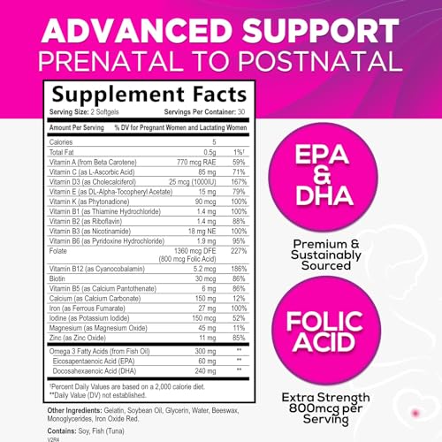 Women's Prenatal Multivitamin with Folic Acid & DHA, Prenatal Vitamins w/ Folate, Omega 3 Nature's Nutrition