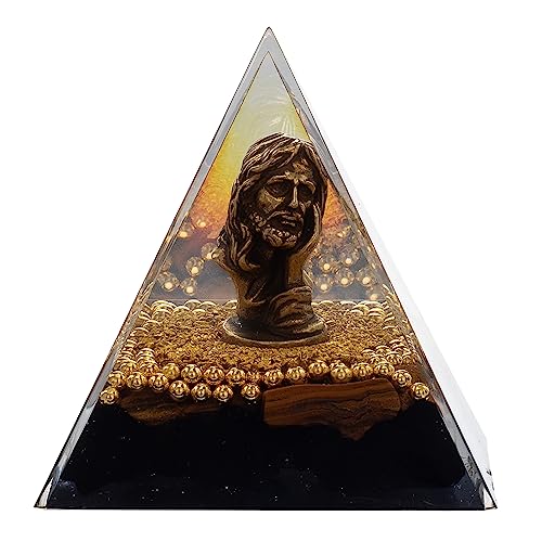 FENGSHUI-CAISHEN Mini Jesus Figurine in Healing Crystal Orgone Pyramid - Obsidian Tiger's Eye - AB Mystery
