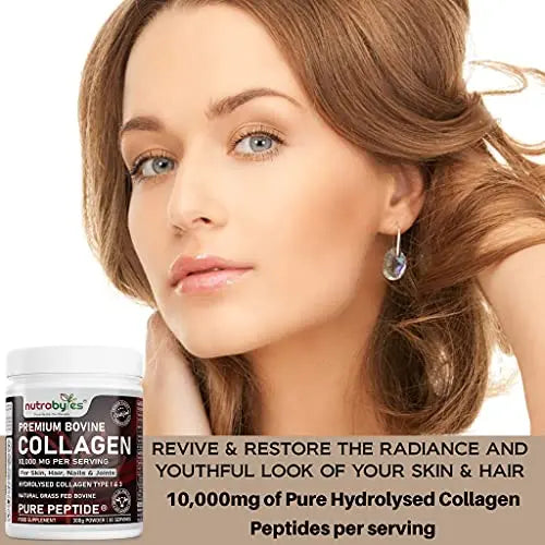 Pure Hydrolysed Collagen Powder 10000mg Bovine Type 1 & 3 Unflavoured|High Strength Protein Peptides for Women & Men NUTRABYTES