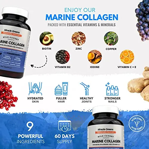 Marine Collagen 1400mg | 120 Capsules with Biotin, Hyaluronic Acid, Vitamin C, E, B2, Zinc, Copper & Iodine Miracle Greens