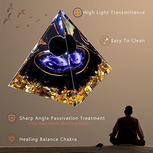 Yin Yang Healing Crystal Orgonite Pyramid - Tai Chi with Obsidian Ball - Taiji Reiki Chakra Meditation - AB Mystery