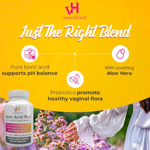 vH essentials Boric Acid Plus Vaginal Suppositories, Prebiotic Infused with Soothing Aloe Vera, pH - AB Mystery