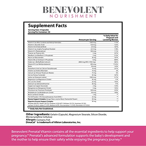 Prenatal Vitamins with DHA and Folate - Multivitamin Supplement with Iron, Calcium, Digestive Enzyme Benevolent Nourishment