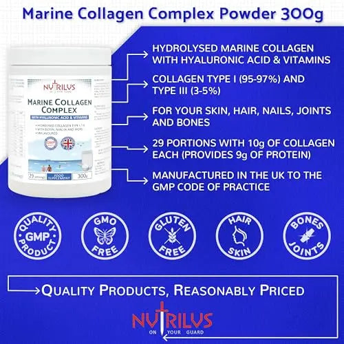 Hydrolysed Marine Collagen Powder 300g with Hyaluronic Acid and Vitamins - 29 Servings - AB Mystery
