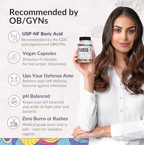 Flower Power Vegan Boric Acid Suppositories - 30 Capsules - 600mg for Vaginal Odor and pH Balance - AB Mystery