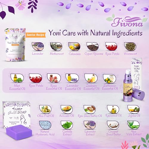 FIVONA Yoni Care Kit 4 in 1 - pH Balanced Natural Yoni Oil, Herbal Bar Soap for Feminine V Wash, Detox - AB Mystery