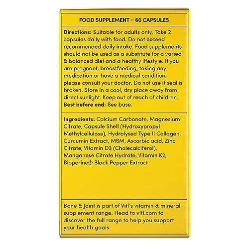 Vitl Bone & Joint Supplement - 60 Capsules - with Calcium, Manganese, Hydrolysed Type II Collagen & Turmeric - Maintenance for Joints, Bones - AB Mystery