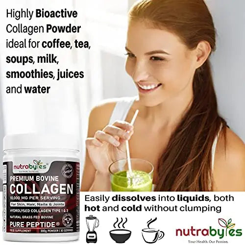 Pure Hydrolysed Collagen Powder 10000mg Bovine Type 1 & 3 Unflavoured|High Strength Protein Peptides for Women & Men NUTRABYTES