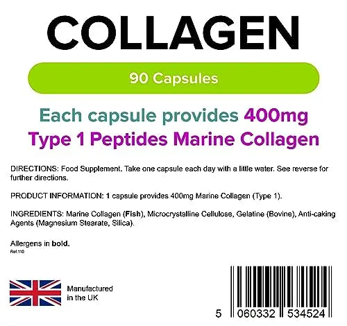 Lindens Collagen (Marine) 400mg Capsules - 90 Pack - Marine Source Hydrolysed Collagen Lindens