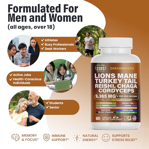 Zeus Naturals Lions Mane Capsules, Mushroom Supplement with Turkey Tail, Cordyceps - AB Mystery