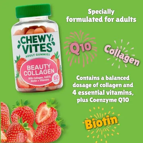 Chewy Vites Beauty Collagen 60 Gummy Vitamins |Hydrolised Collagen, CoQ10, Biotin + Vitamins | 1 Month Supply | Real Fruit Juice | Berry Flavour | 2-a-Day | - AB Mystery
