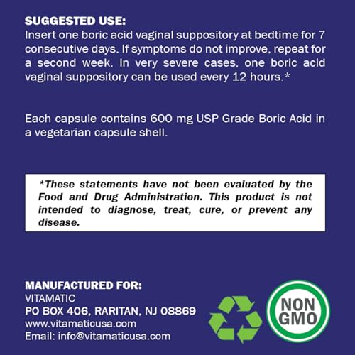 Vitamatic Boric Acid Vaginal Suppositories 600 mg USP Grade Boric Acid in Vegetarian Capsule Shell - 60 Count - AB Mystery