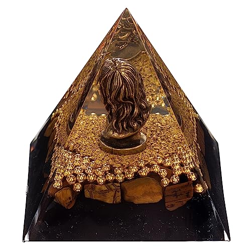 FENGSHUI-CAISHEN Mini Jesus Figurine in Healing Crystal Orgone Pyramid - Obsidian Tiger's Eye - AB Mystery