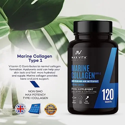 Marine Collagen Supplement 1200mg with Hyaluronic Acid & Vitamin C Hydrolysed Peptides Powder MAX VITA MAXIMUM VITALITY