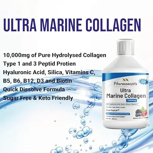 Marine Collagen Liquid 10000mg Sugar Free Berry Flavour, Hydrolysed Peptides, Hyaluronic Acid, Biotin, Silica, Vitamin C, Healthy Skin - AB Mystery