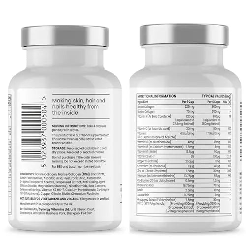 Re-Coll 1200mg Collagen Capsules - High Strength Supplement with Hyaluronic Acid - for Hair Skin - AB Mystery