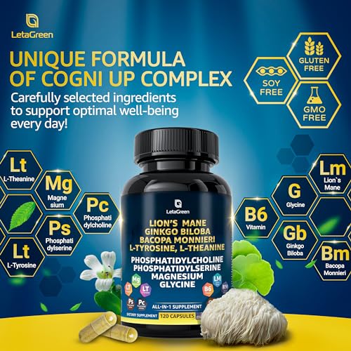 LetaGreen Organic Lions Mane Supplement Capsules - 120 Real Mushrooms Lion's Mane - AB Mystery